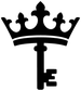 Black crown and key vinyl decal with ornate fleur shapes, sticker style