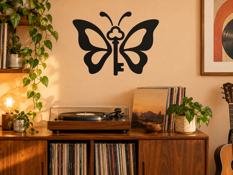 Black vinyl key and butterfly decal on wall
