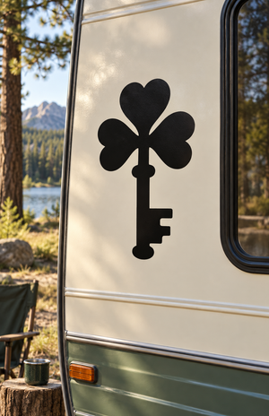 Vinyl decal featuring a four-leaf clover heart and key silhouette in black