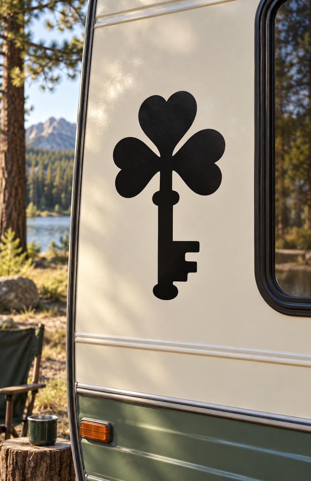 Vinyl decal featuring a four-leaf clover heart and key silhouette in black