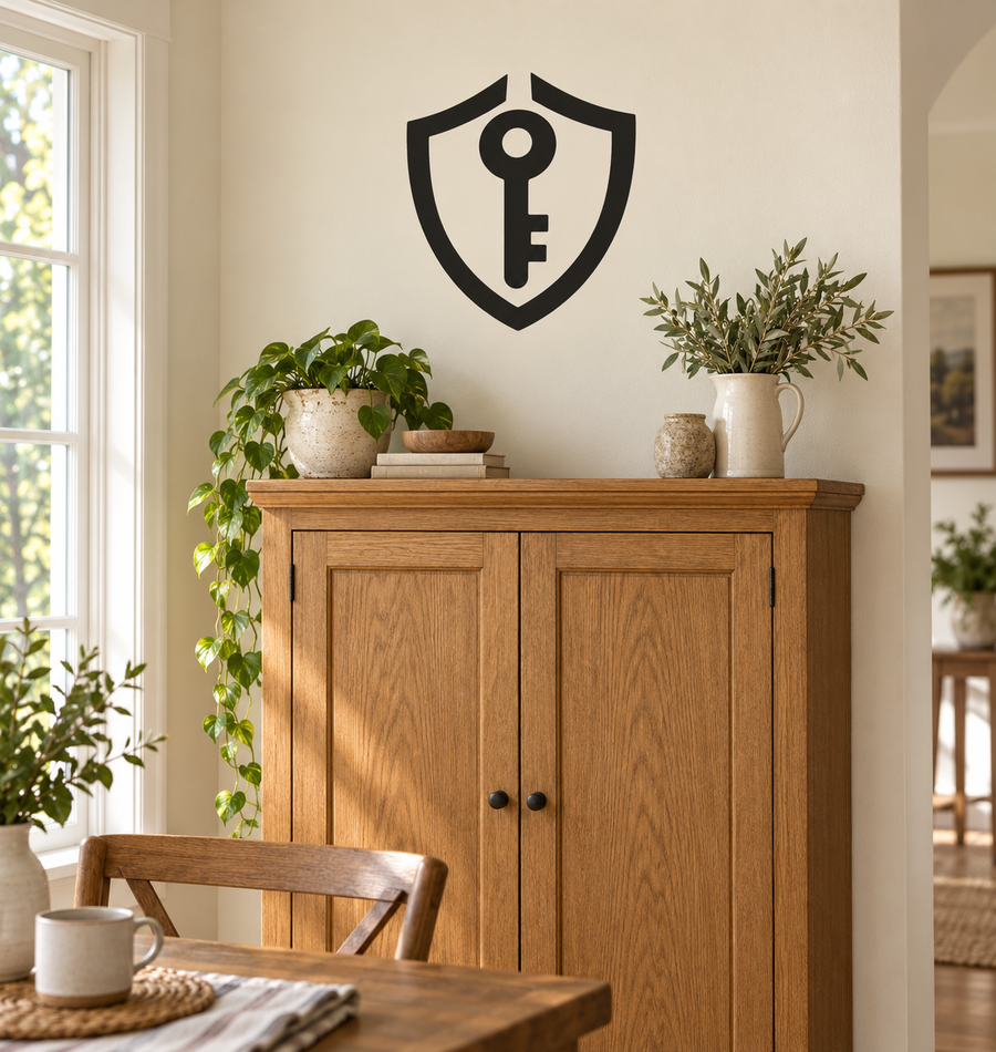 Vinyl shield decal with key icon, black design on light wall.