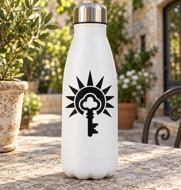 Key and sunburst vinyl decal on bottle: black sunburst with key silhouette