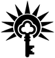 Key and sunburst vinyl decal close-up: black sun with key and cloud icon