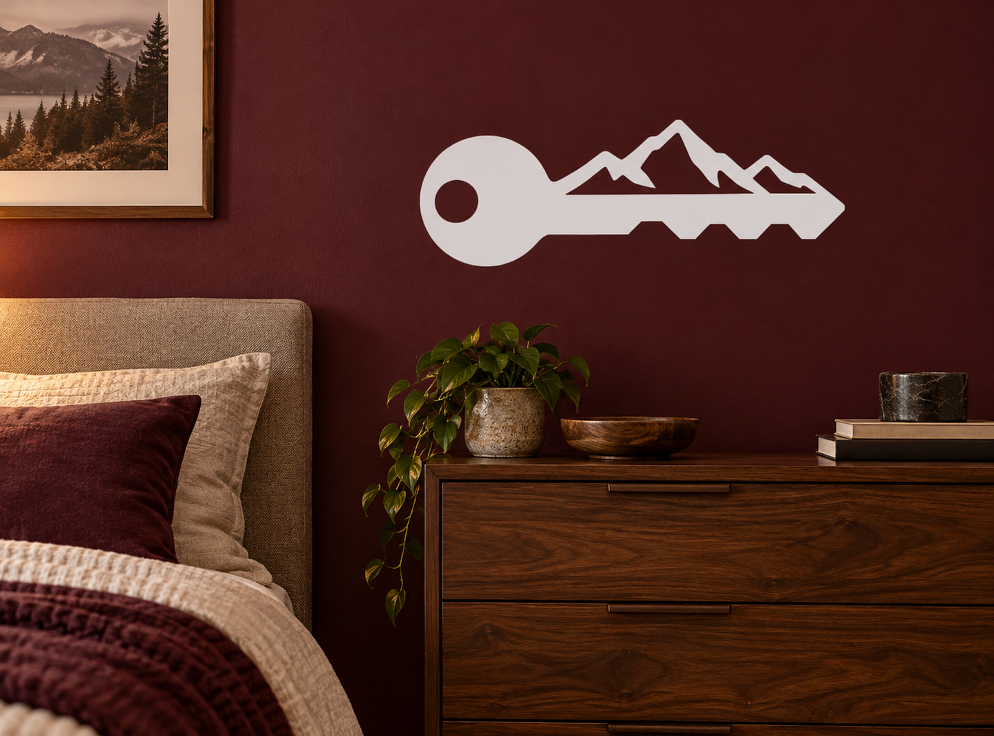 Key and mountain ridge vinyl decal with circular keyring and mountain outline, white
