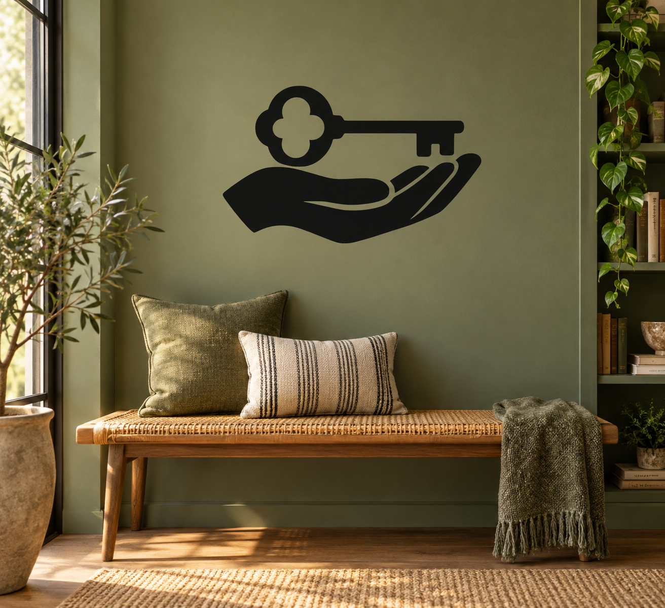 Black vinyl decal silhouette of hand holding key with clover shapes