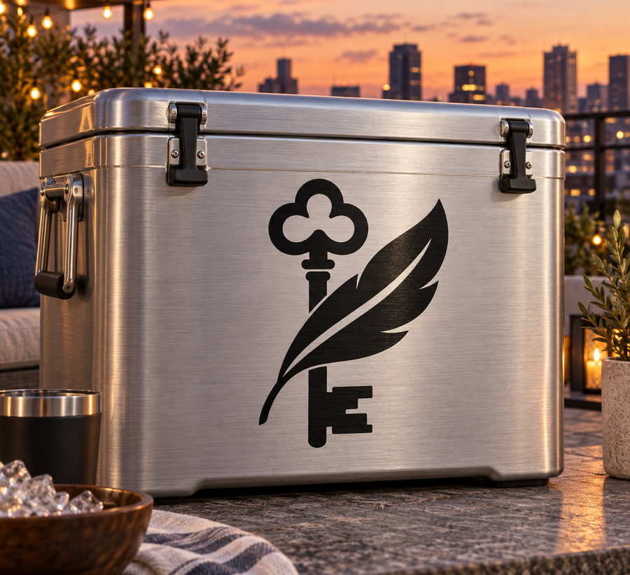 Vinyl decal of black clover, key, and feather on a metallic trunk