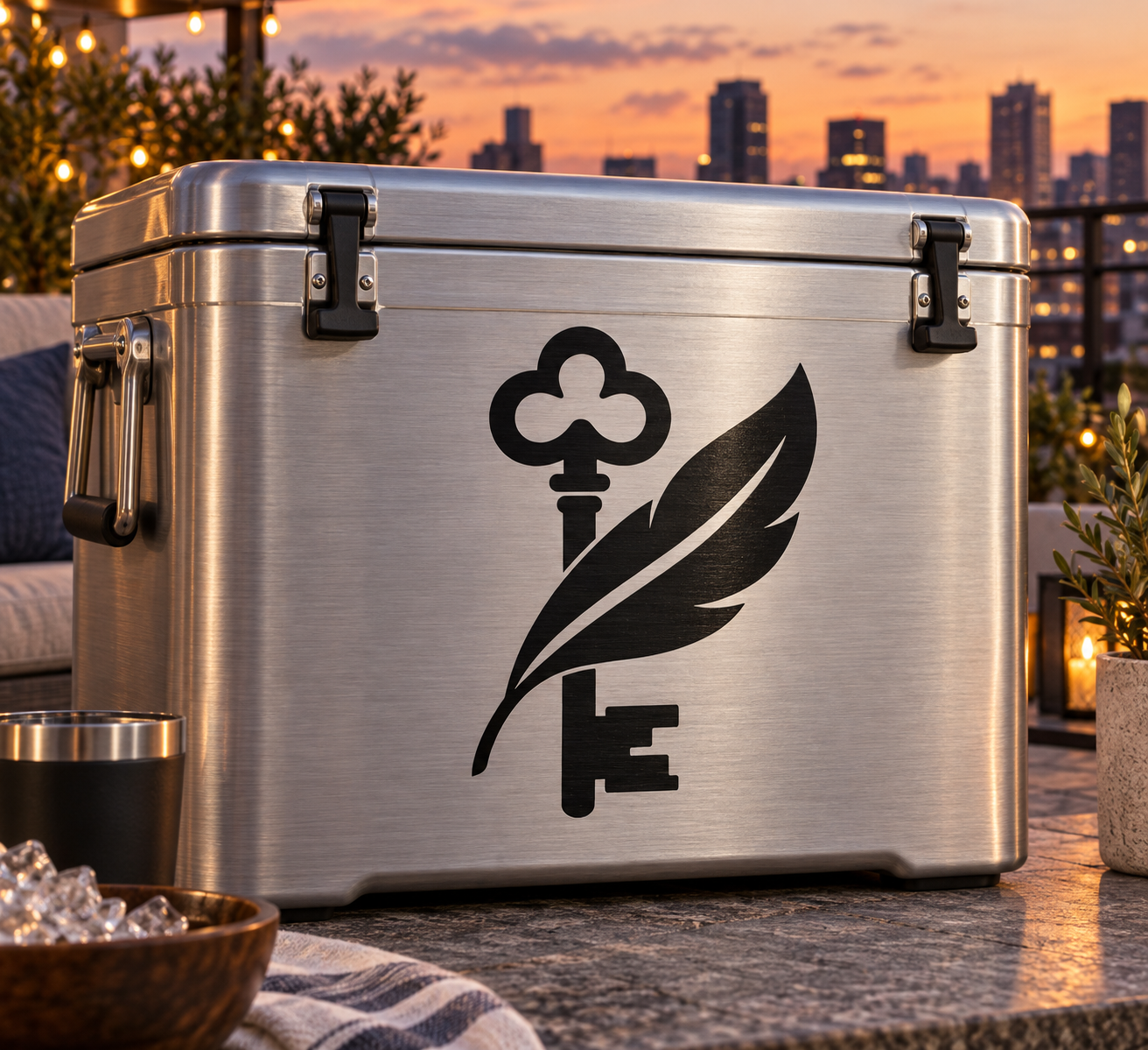 Vinyl decal of black clover, key, and feather on a metallic trunk