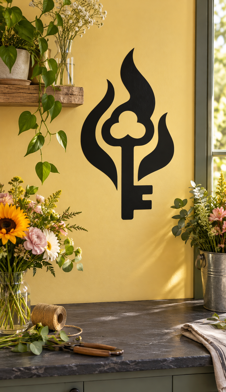 Black key-and-flame vinyl decal for doors or walls, centered flame shape above key