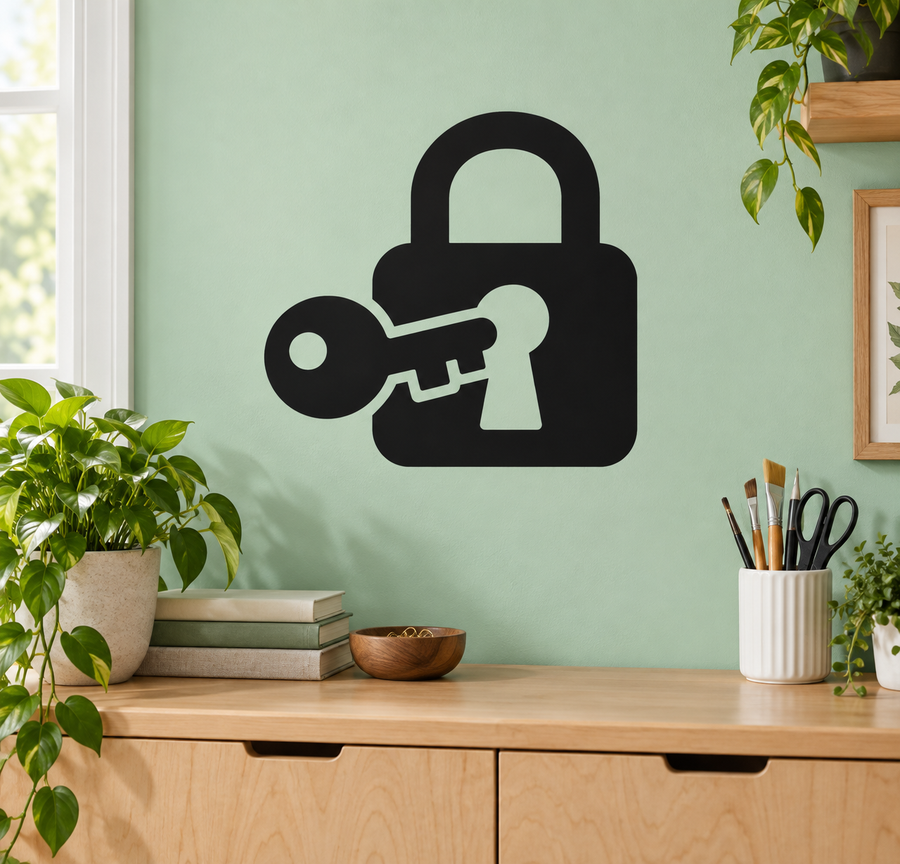 Black padlock and key vinyl decal for wall, solid silhouette design