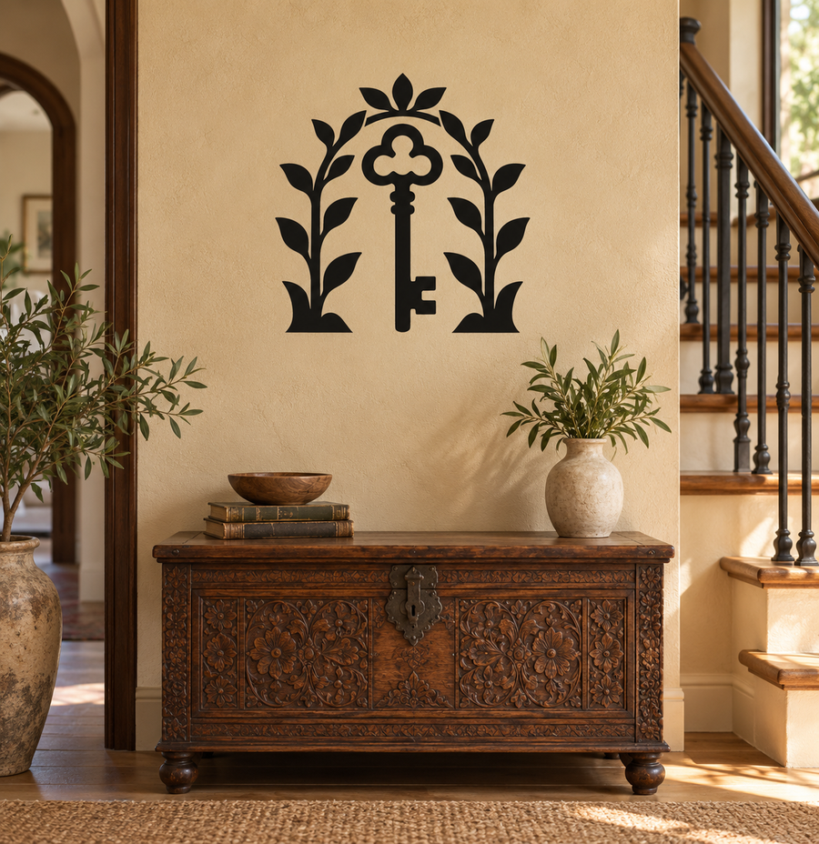 Black key and botanical arch vinyl wall decal with ornate leaf border