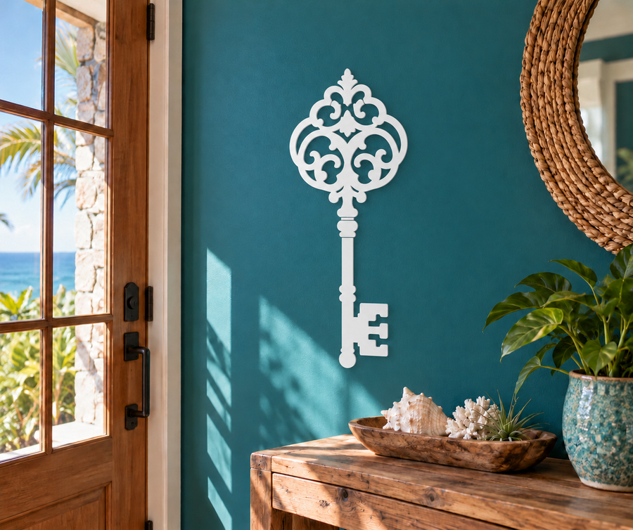Ornate scroll skeleton key vinyl decal, white decorative key on wall