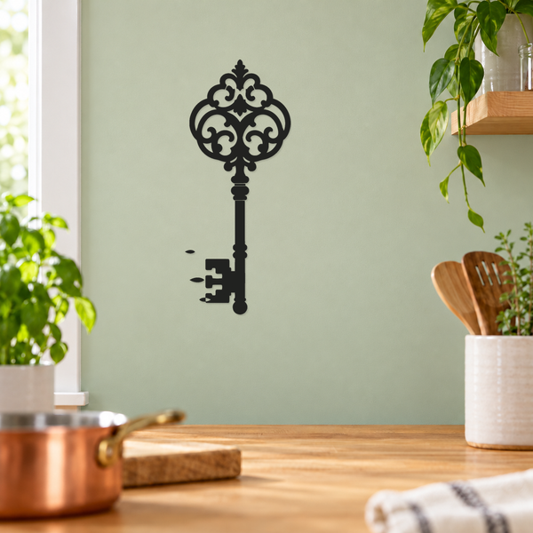Ornate skeleton key wall decor with scrollwork and leaf-like top, dark finish