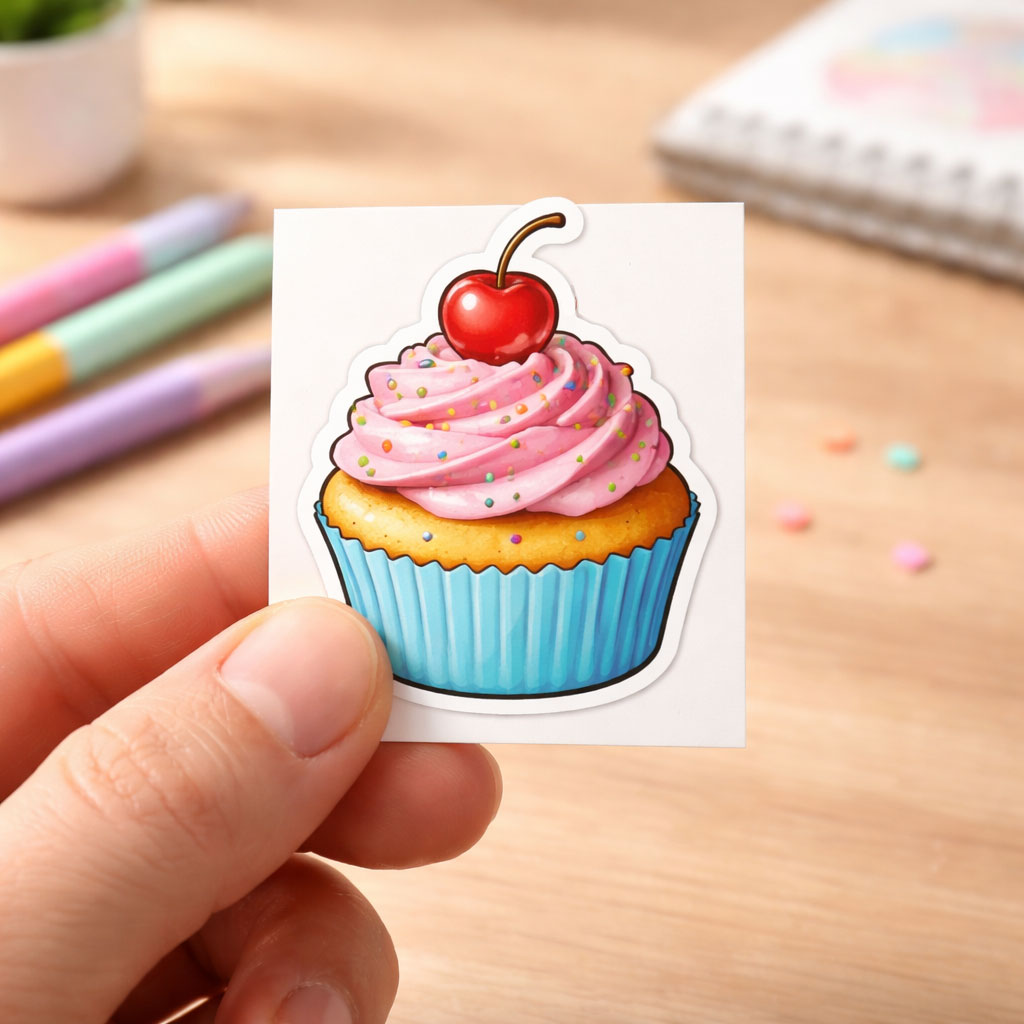 Kiss cut sticker of a pink cupcake with blue frosting and a red cherry on top