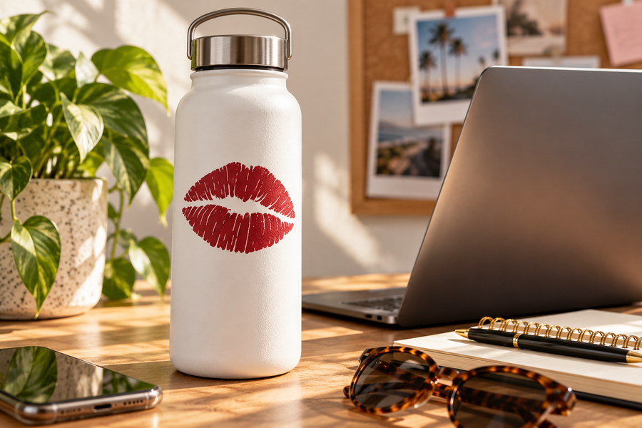 White water bottle with red lipstick kiss vinyl decal