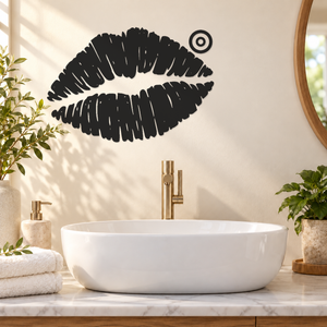 Textured kiss-lips wall print with natural lip lines and orbit halo, black
