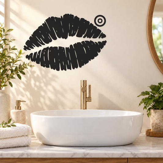Textured kiss-lips wall print with natural lip lines and orbit halo, black