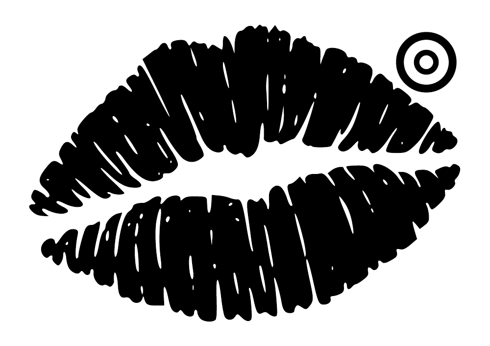 Black textured kiss-lips print with natural lip lines and layered orbit halo