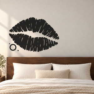 Black textured kiss lips wall print with orbit dot halo and small dot