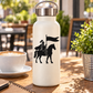 Vinyl decal of black knight on horseback holding a banner flag, mounted on a bottle