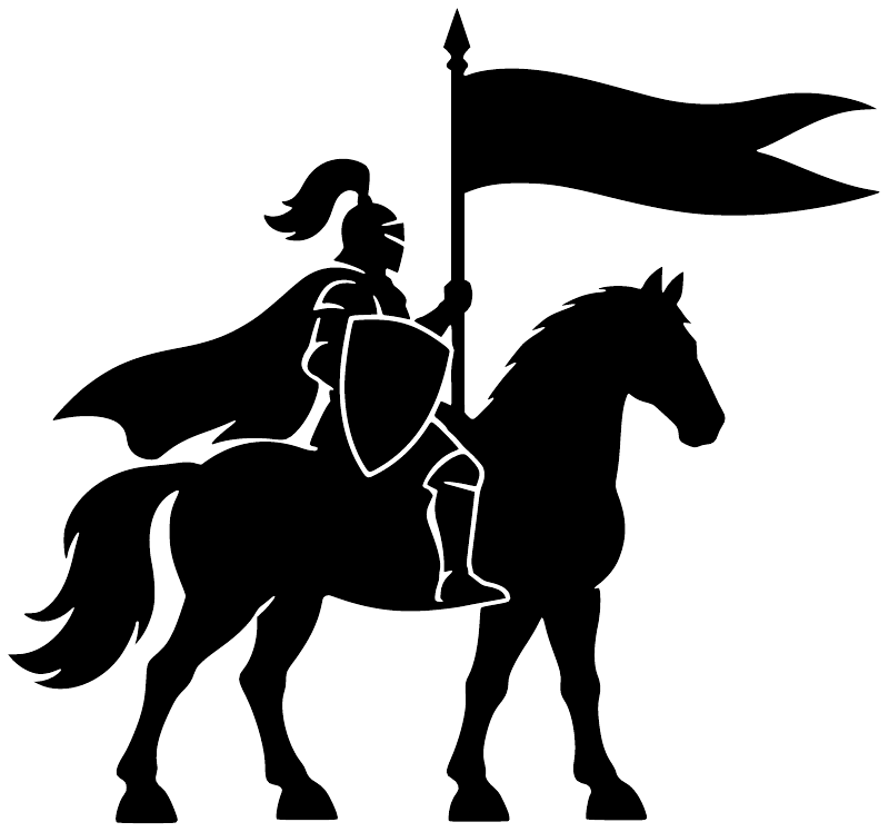 Vinyl decal graphic: black knight on horse holding a tall banner flag