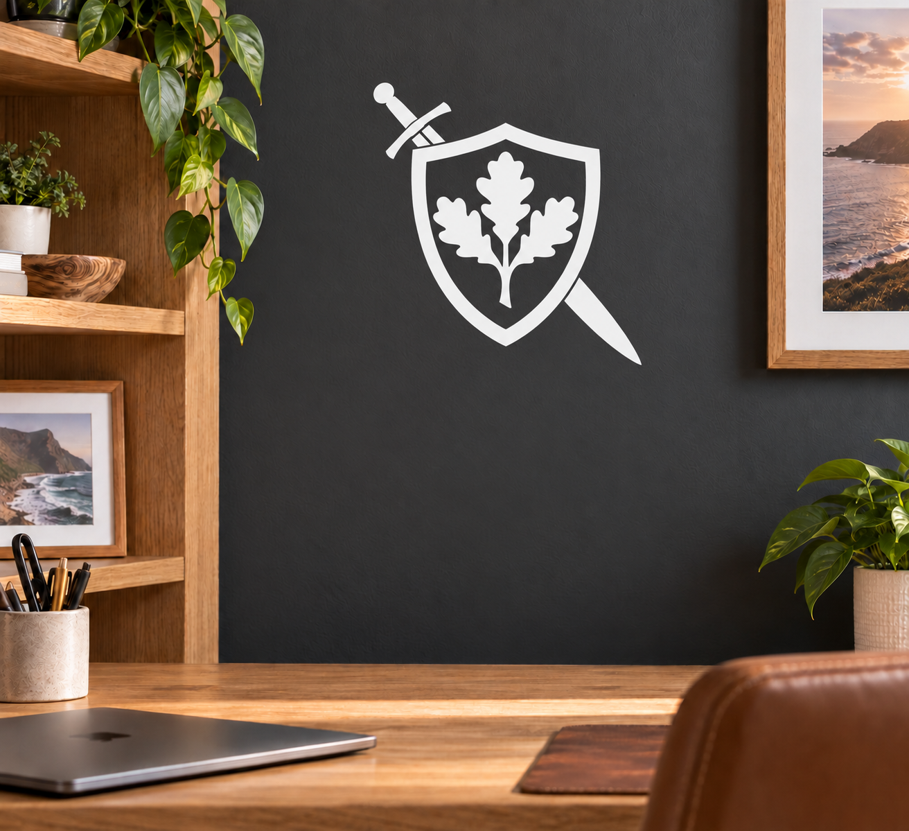 Knight shield vinyl decal with sword and oak leaf emblem, white and black