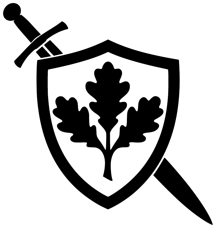 Shield and sword vinyl decal with oak tree silhouette, bold black on white