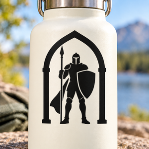 Castle arch vinyl decal with black knight holding a spear silhouette