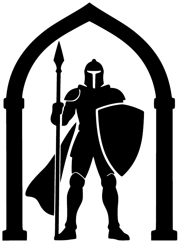 Close-up castle arch vinyl decal featuring a black knight holding a spear