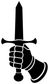 Sword-grip gauntlet vinyl decal, black silhouette with raised sword and clenched fist