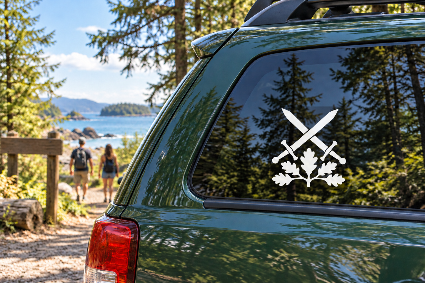 Car vinyl decal showing crossed swords with oak leaves in white.