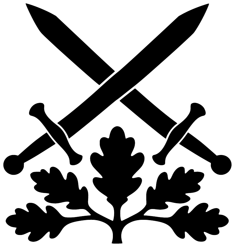 Vinyl decal graphic of crossed swords with oak leaves, bold black and white.