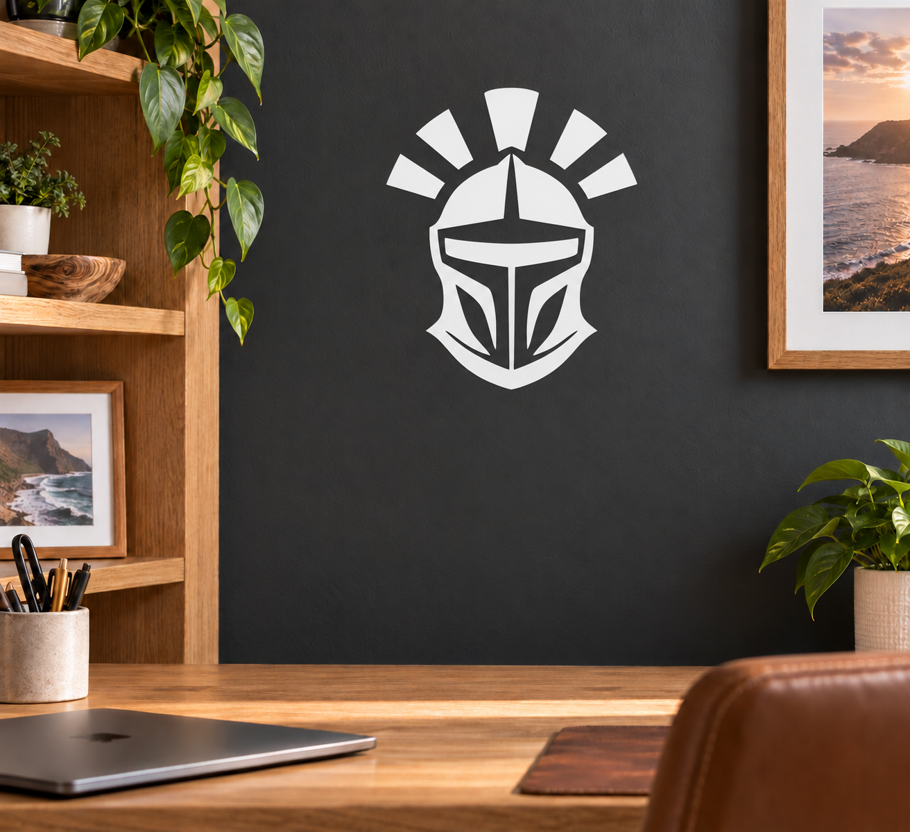 Vinyl decal visor sunburst knight crest, black and white emblem on dark surface