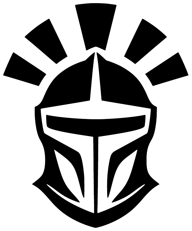 Vinyl decal knight crest with sunburst rays, bold black helmet emblem close-up