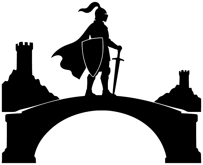 Black knight on bridge vinyl decal silhouette with shield and arched gateway