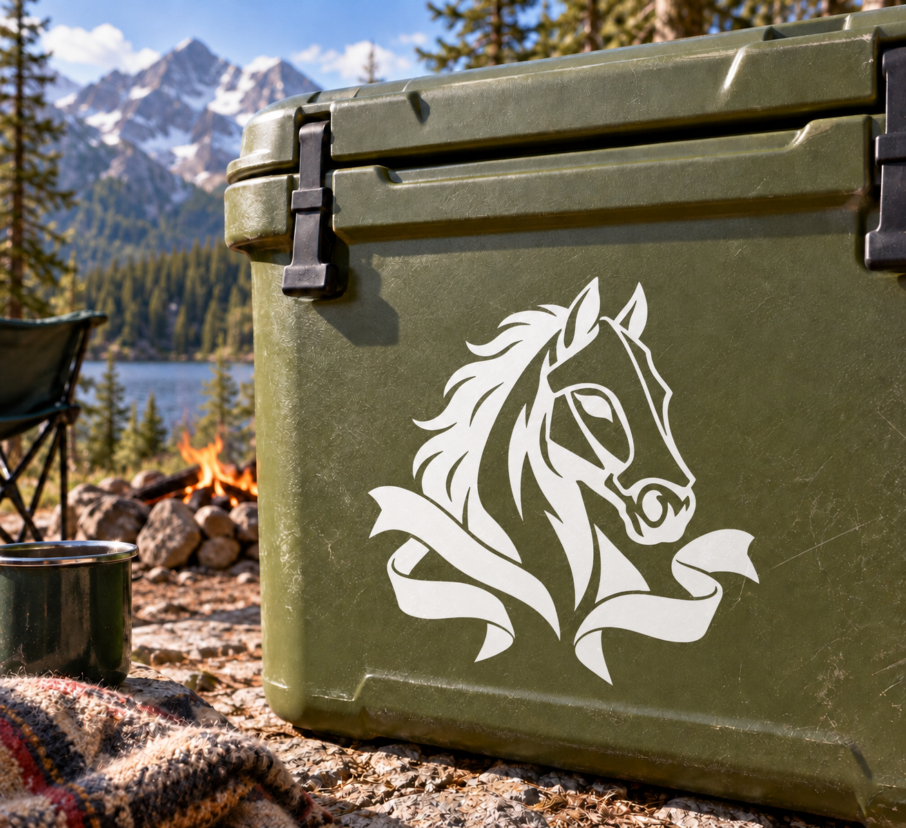 Vinyl decal of a white horse crest with flowing mane on a green case