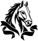 Black and white horse head crest vinyl decal with flowing mane and ribbon