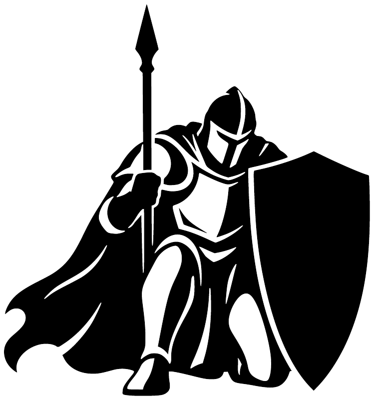 Black-and-white knight decal kneeling with spear and shield