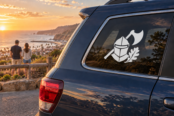 Helmet and broad axe vinyl decal with knight helmet graphic on a car window