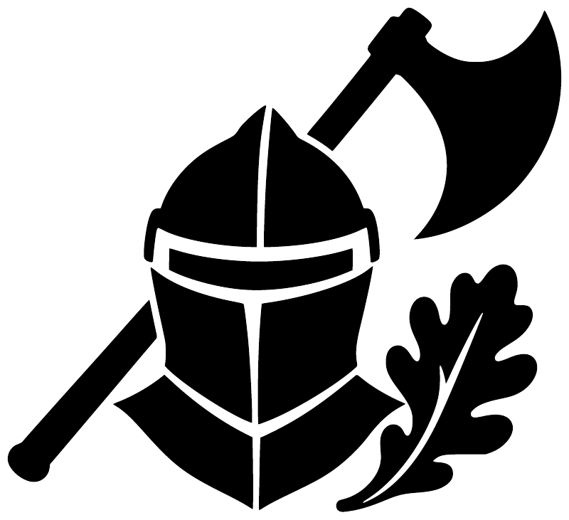 Black and white knight helmet, broad axe, and leaf vinyl decal graphic