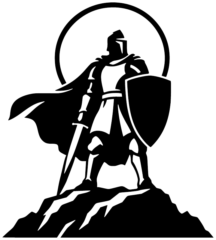 Knight vinyl decal: black knight silhouette with shield, sunburst circle