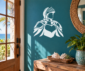 White knight bust vinyl decal with open visor helmet and shoulder armor