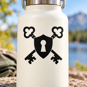 Shield vinyl decal with black crest, two keys, and heart-shaped key heads on bottle