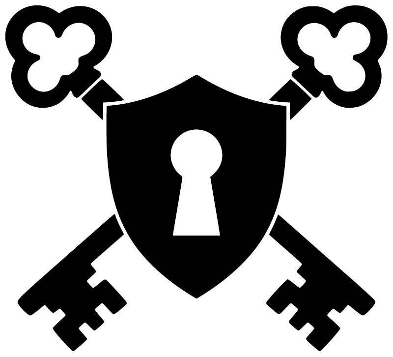 Knight shield vinyl decal with two crossed keys and heart-shaped key ends, black and white