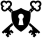 Knight shield vinyl decal with two crossed keys and heart-shaped key ends, black and white