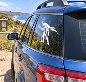 Knight long vinyl decal on car window, white knight holding a banner flag