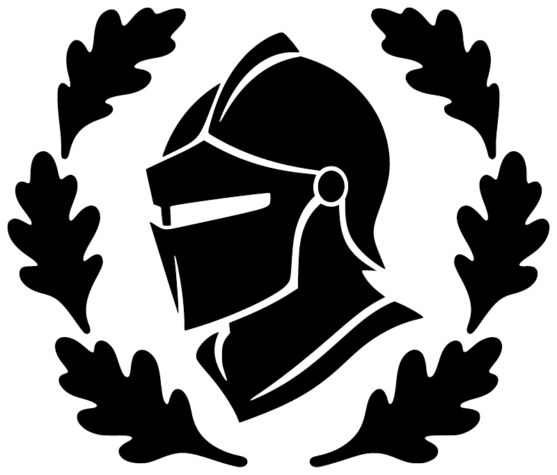 Knight medallion vinyl decal in black with helmet icon and leaf wreath