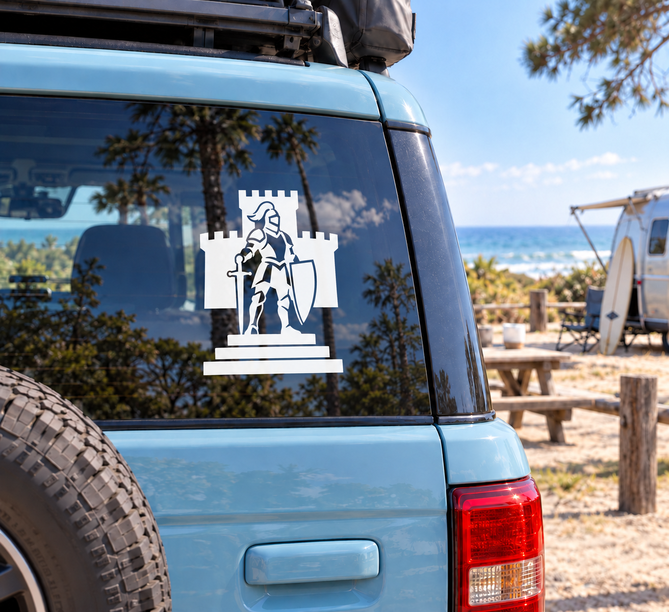 Knight castle vinyl decal on car window, black-and-white sentinel design
