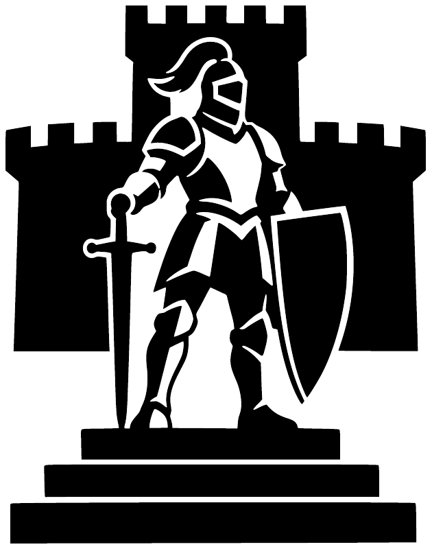 Black-and-white knight sentinel vinyl decal with shield and sword in castle