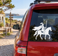 Knight on horseback vinyl decal with flowing cloak and spear, mounted on car window