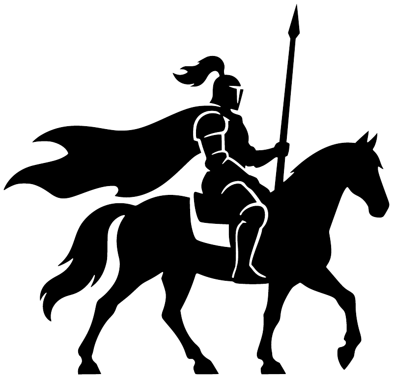 Black knight-on-horse vinyl decal silhouette holding spear and reins
